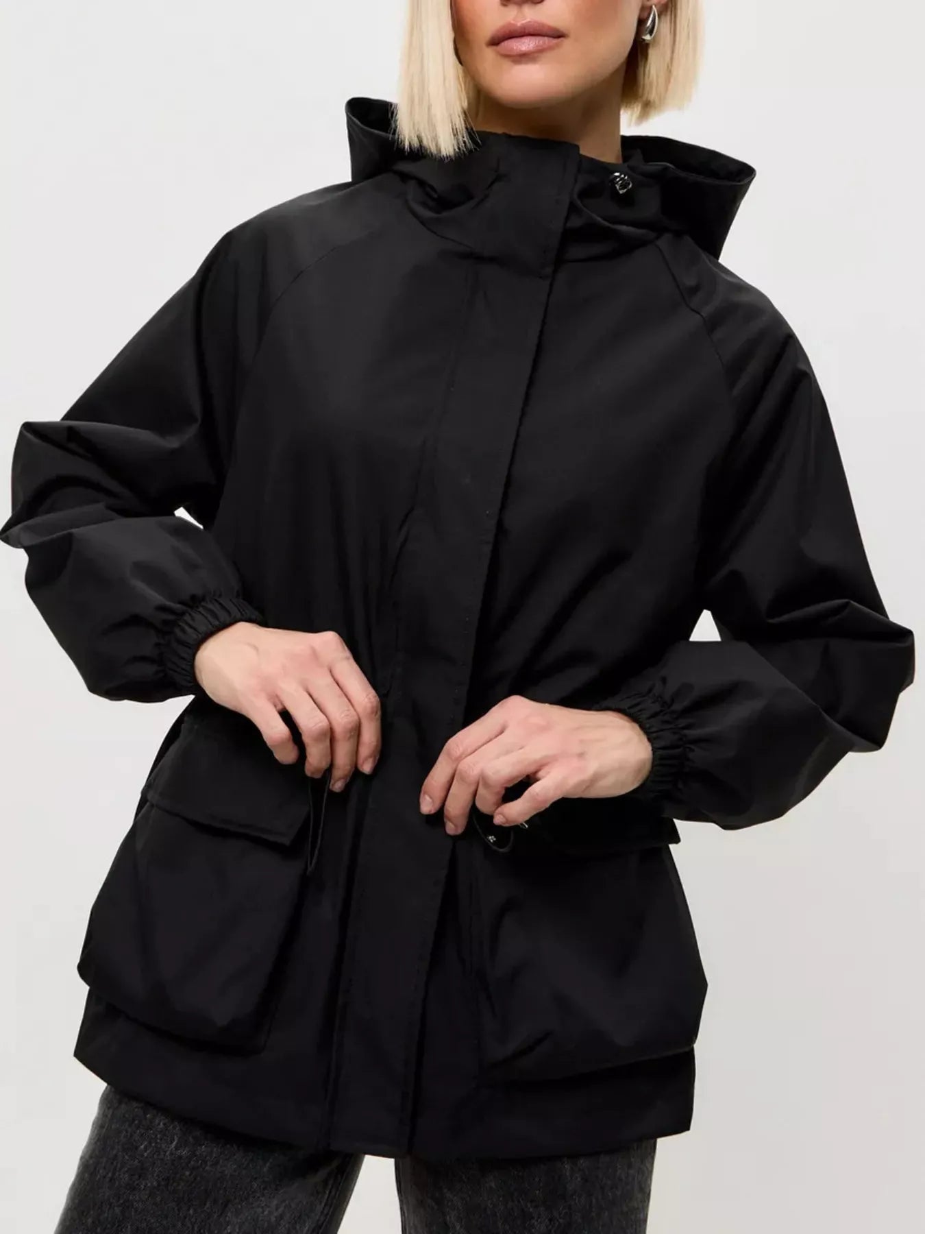 Drawstring Waist Hooded Windbreaker Outerwear