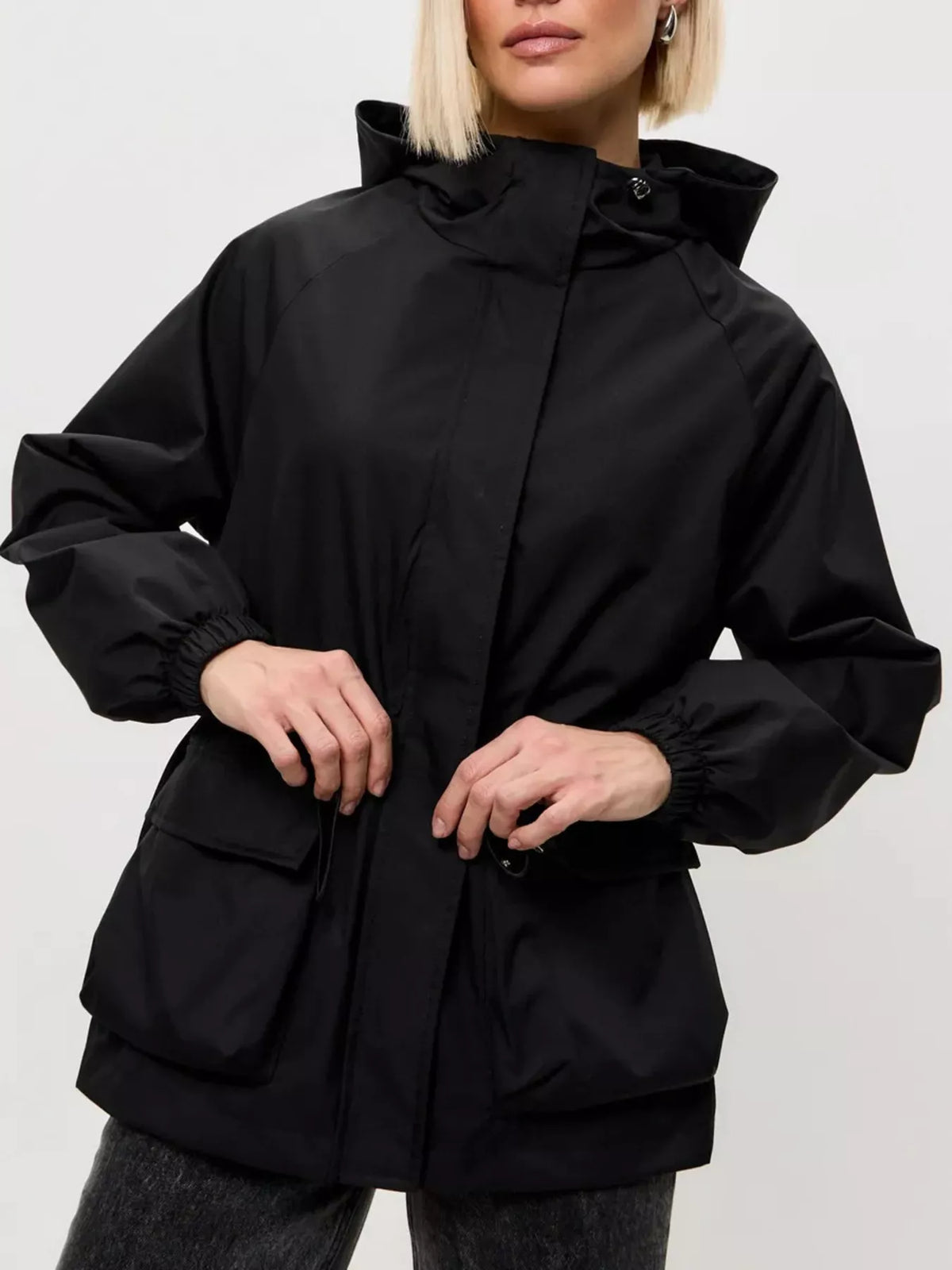 Hooded Drawstring Waist Flap Pocket Zip Front Windbreaker Jacket 15