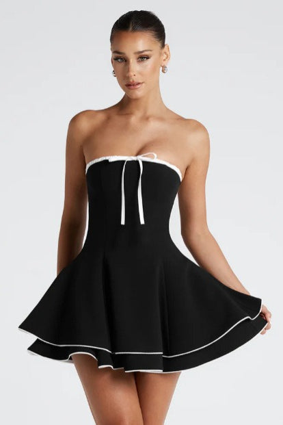 Strapless Contrast Trim Bow Front Layered Skater Mini Dress