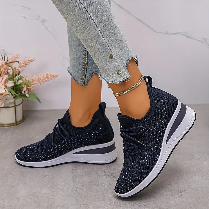 Rhinestone Mesh Lace Up Wedge Sneakers