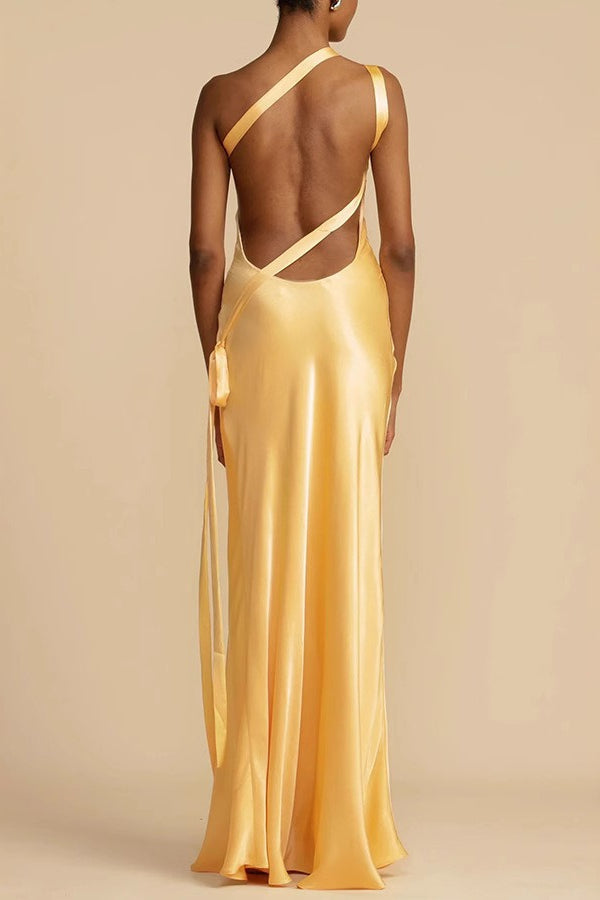 Elegant Asymmetrical Shoulder Slim Satin Party Formal Dress