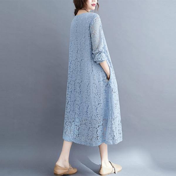 Plus Size O-neck Solid Color Dress Women Casual Lace Dress