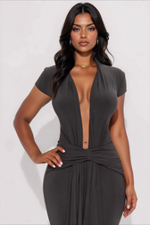 Solid Plunge V Short Sleeve Tie Slim Bodycon Dress