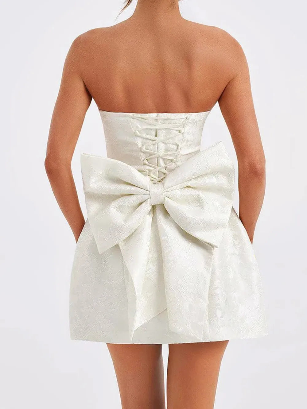 Jacquard Strapless Lace Up Back Oversized Bow Mini Dress 6