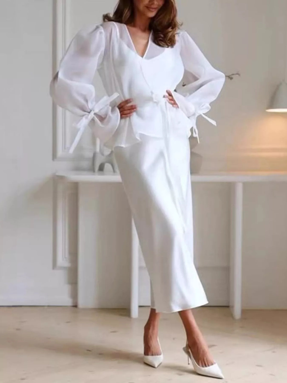 Tie Waist Flounce Sleeve Wrap Blouse and Satin Midi Skirt Two Piece Set 11
