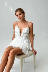 Deep V Feather Trim Slip Mini Graduation Party Dress