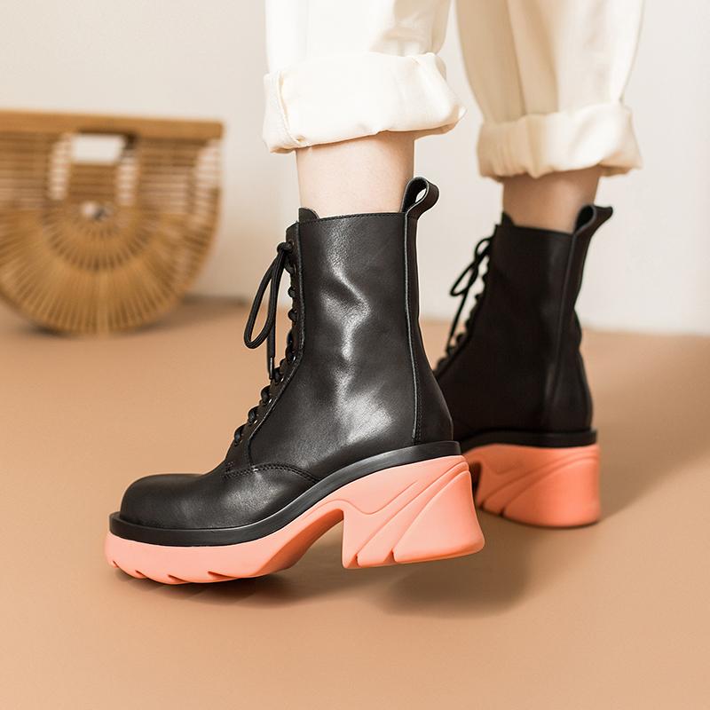 Colorful Sole Leather Boots Designer Retro Chunky Riding Boots High Heel Handmade