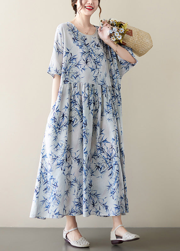 Bamboo Leaf Print Round Neck Empire Waist Pocket A-Line Midi Dress