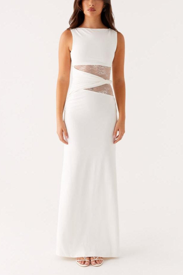Shaped Sheer Lace Paneled Maxi Lace Dress