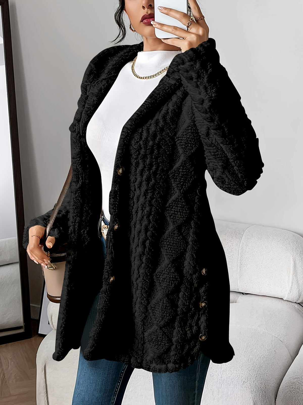 Textured Fleece Hooded Button Front Cardigan Coat