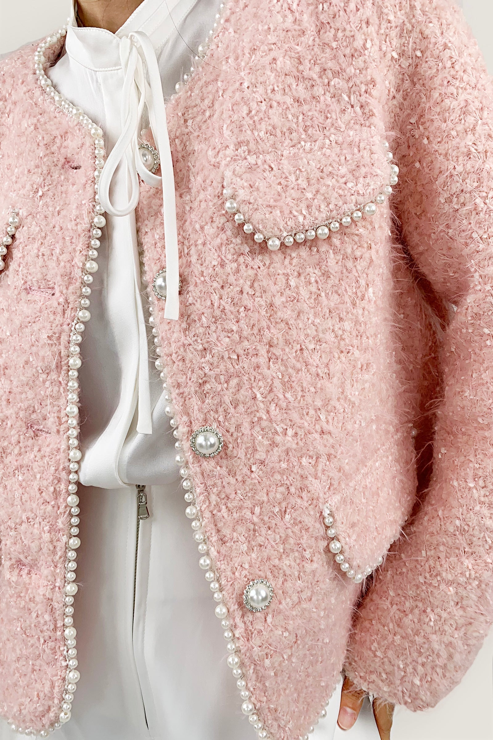 Misty Rose Wool-Blend Long Sleeve Button Up Pearl-Trimmed Jacket