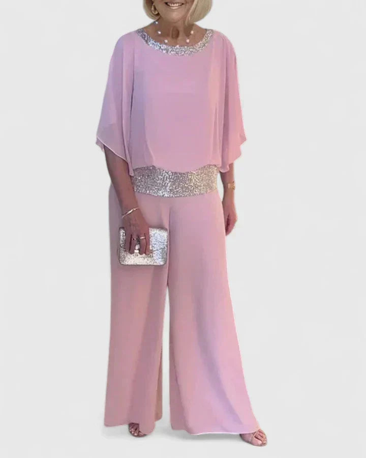 Sequin Trim Chiffon Overlay Top and Pants Two Piece Set 5