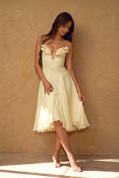 Deep V 3D Floral Sheer Midi Party Dress