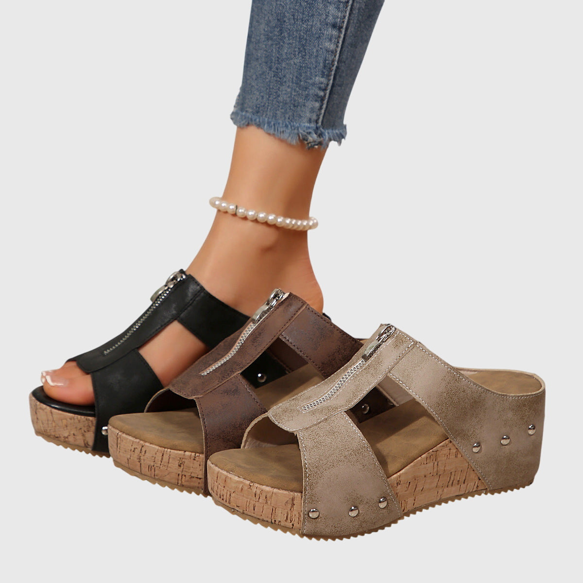 Open Toe Zip Front Cork Platform Wedge Mules