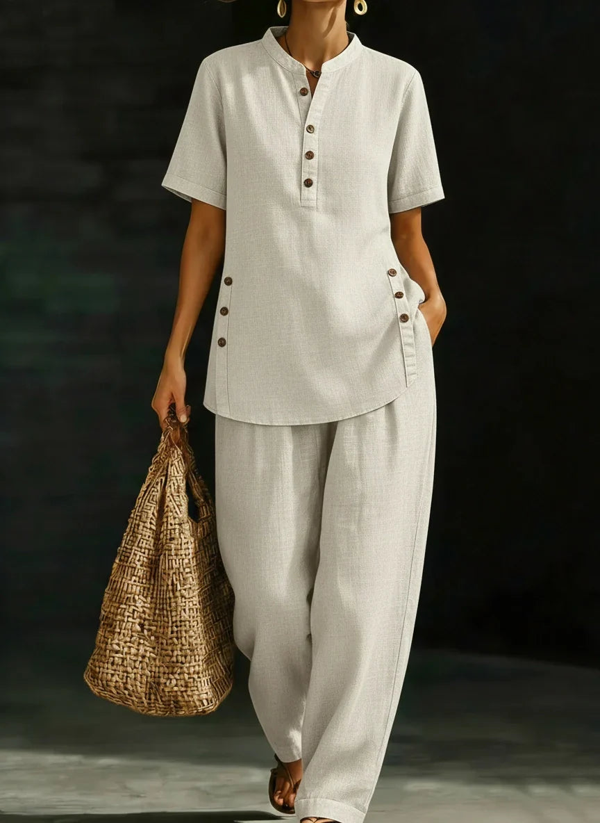 Short Sleeve Button Placket Top and Tapered Pants Two Piece Set