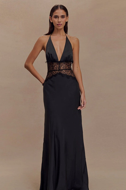 Satin Deep V-Neck Halter Neck Lace Waist Panel Maxi Dress 3