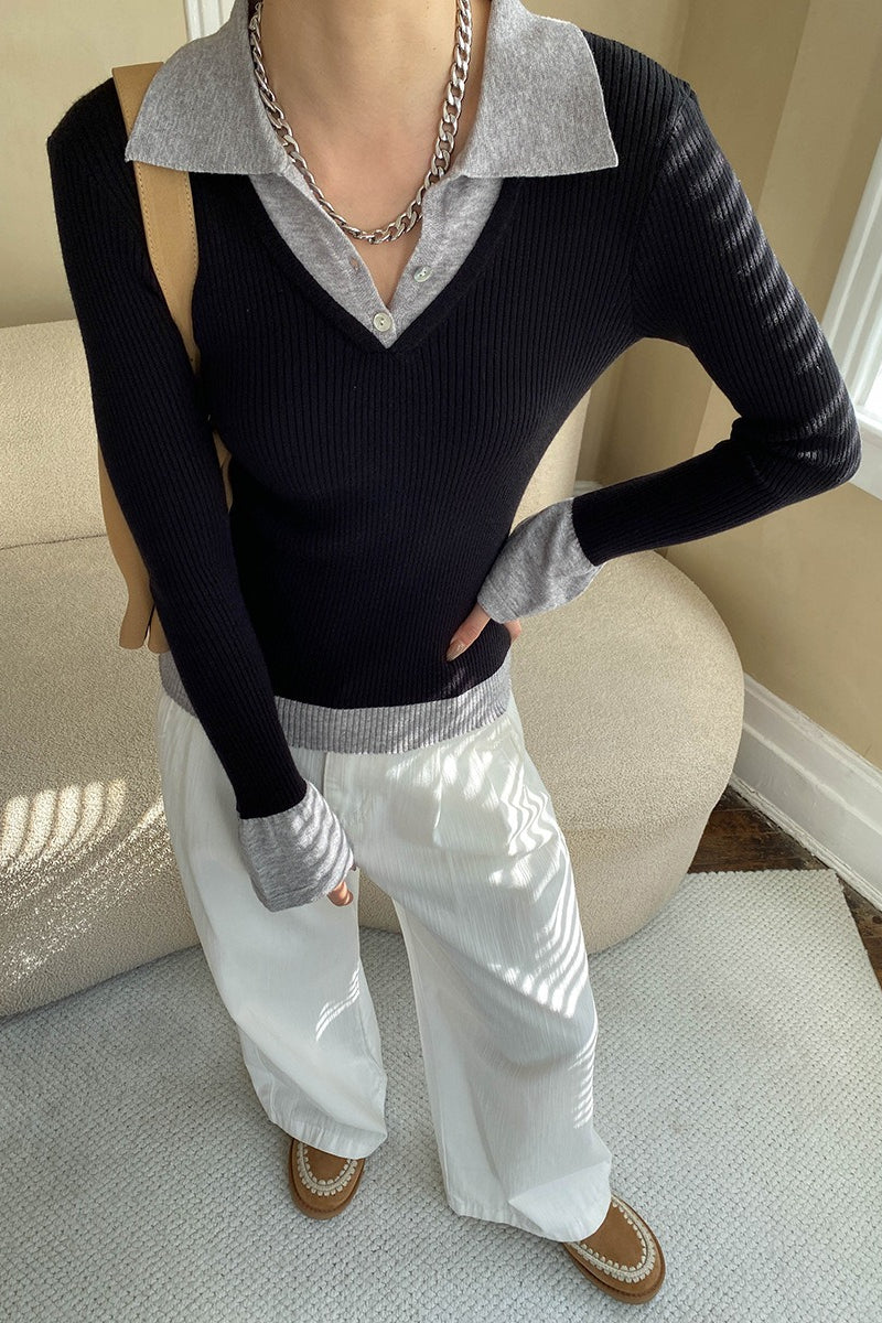 Polo Collar Faux Two Piece Contrast Trim Ribbed Knit Sweater 2