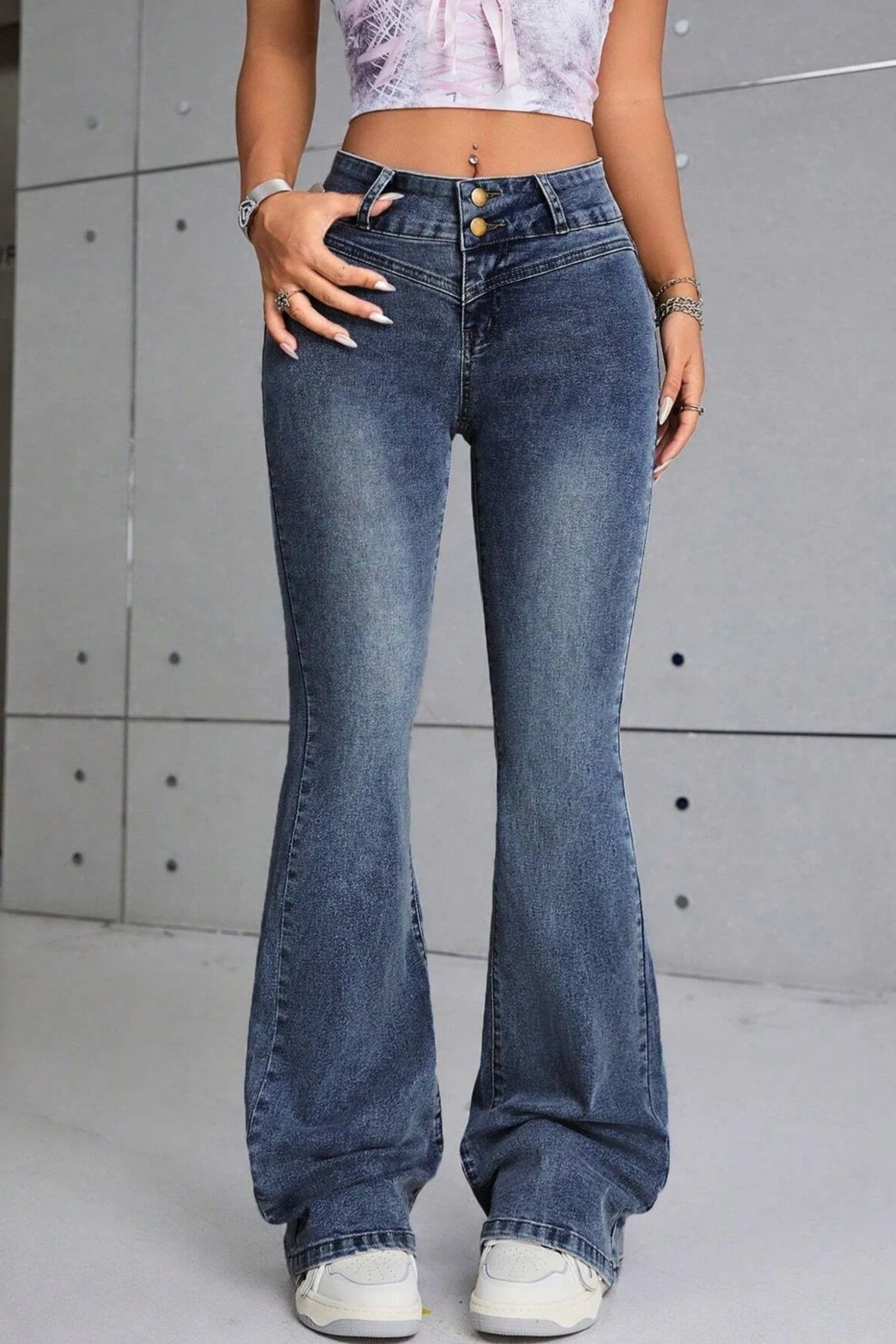 High Waist Double Button V Yoke Washed Flare Leg Jeans