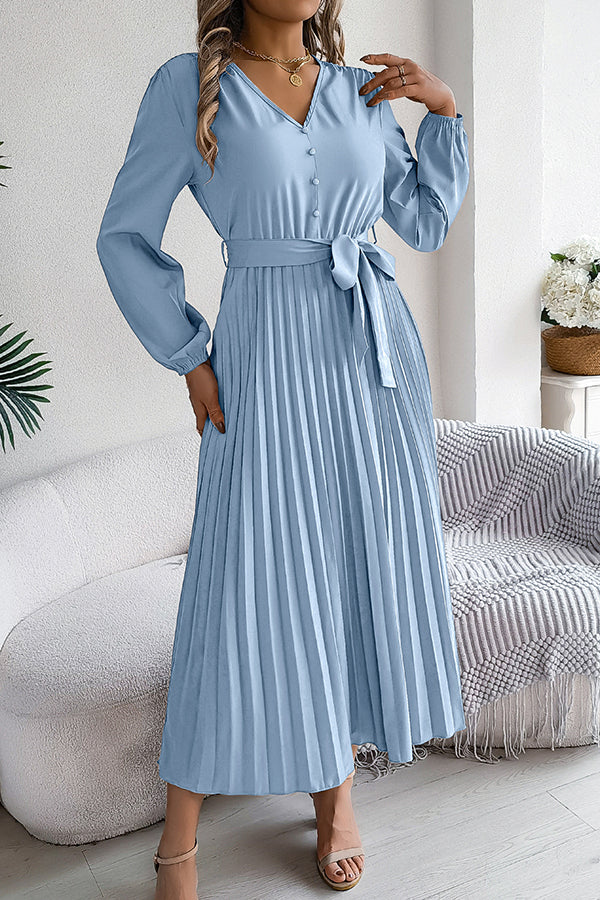 Solid Color Elegant V-neck Buttoned Lace-up Pleated Maxi Dress - View 12