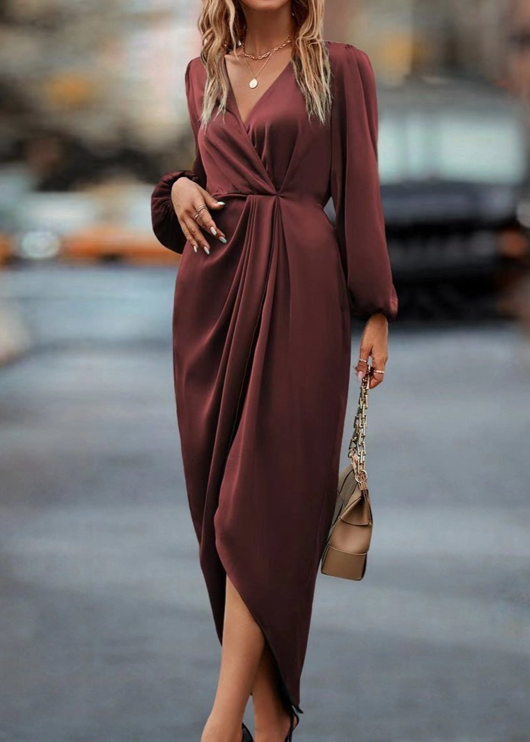 Refined Red Draped V-Neck Midi Dress