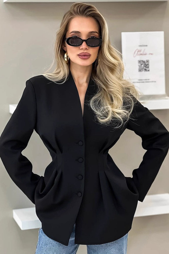 Collarless V-Neck Button Front Pleated Cinched Waist Blazer