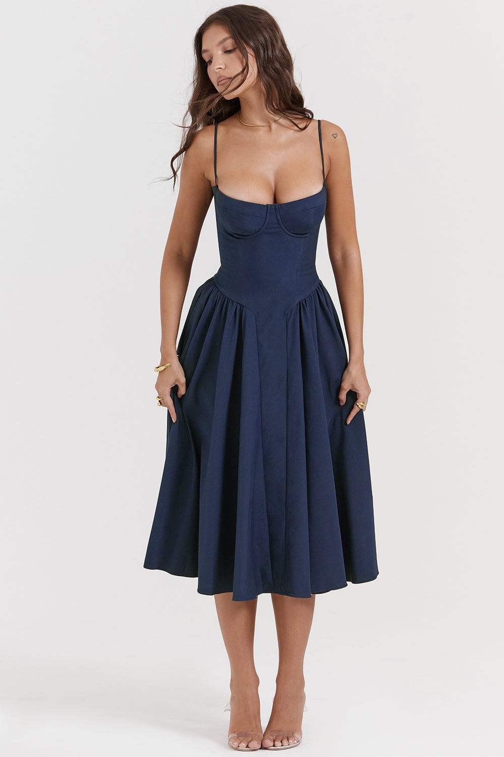 Underwire Sweetheart Corset Cami Drop Waist Full Skirt Midi Dress 5
