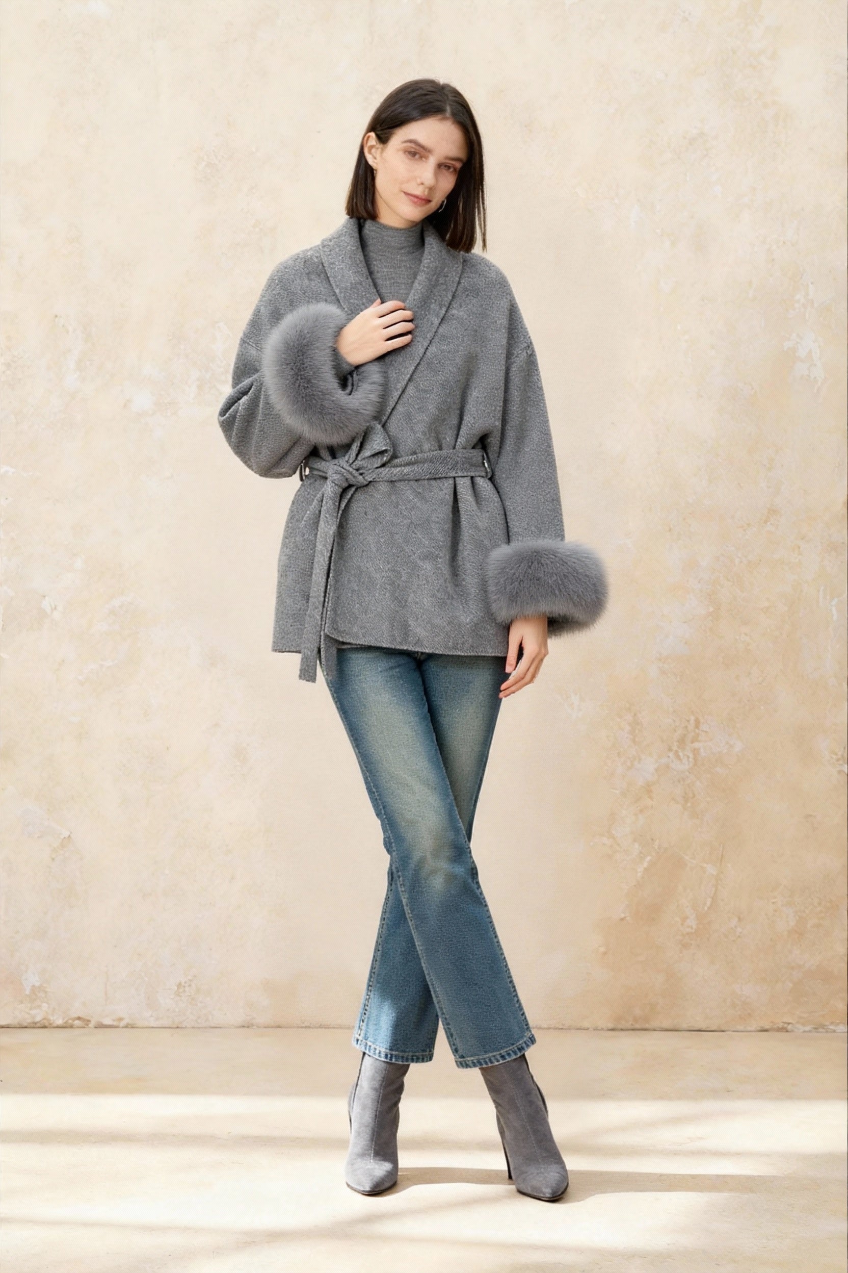 Cashmere Coat With Fur Cuffs Fox Fur Overcoat