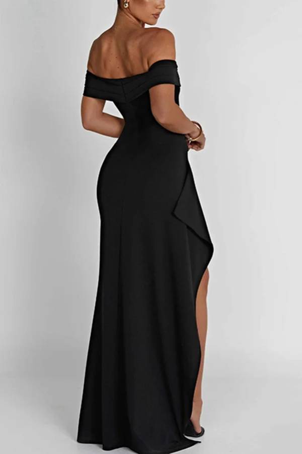Leah Minimalist Off the Shoulder Maxi Dress with a High Slit Chic Silhouette Collection