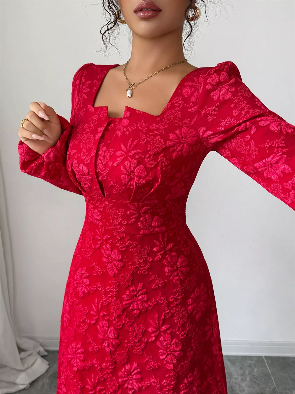 Floral Jacquard Square Neck Balloon Sleeve A-Line Midi Dress 3