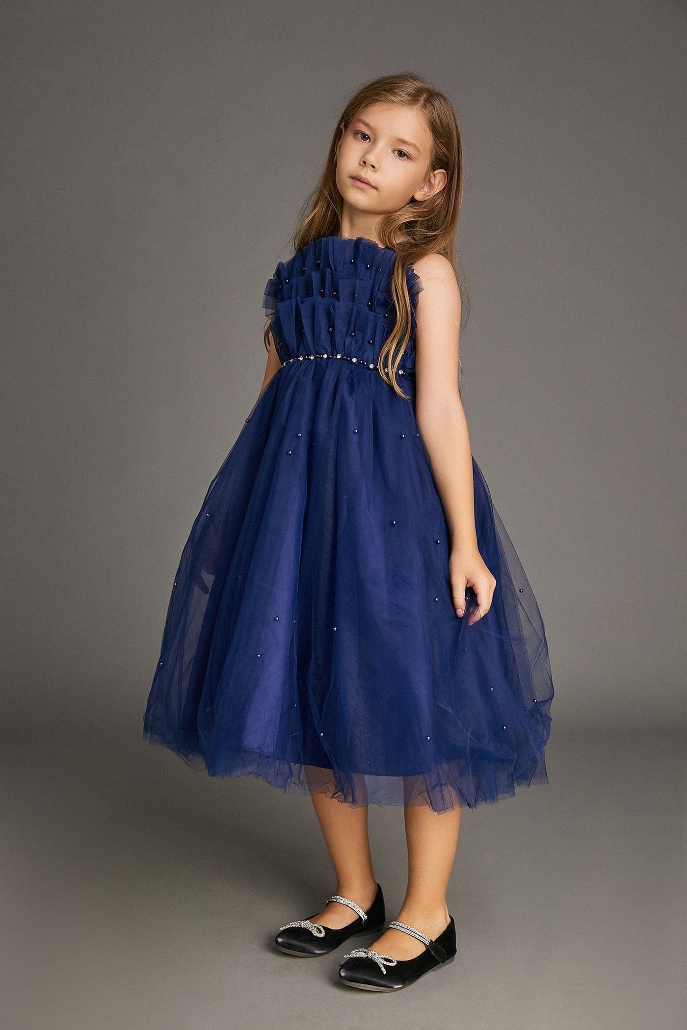Kids Midnight Blue Strapless Ruffled Maxi Party Dress - View 2