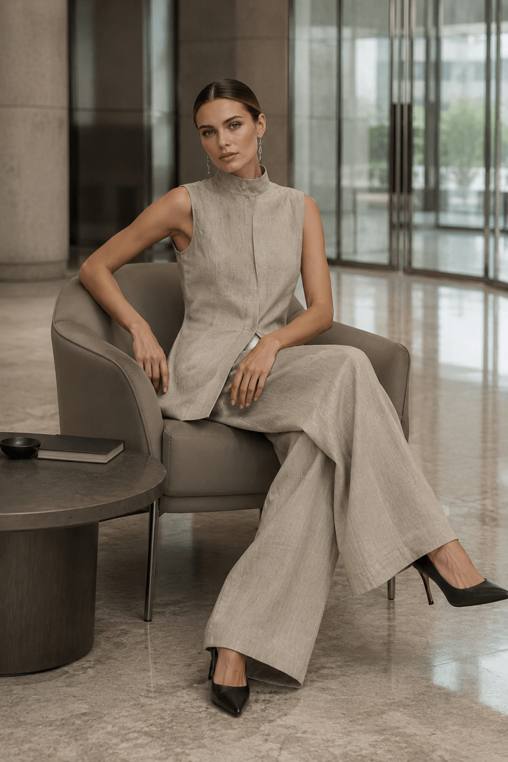 Drape Sleeveless Shirt Elegant Two Piece Work Set