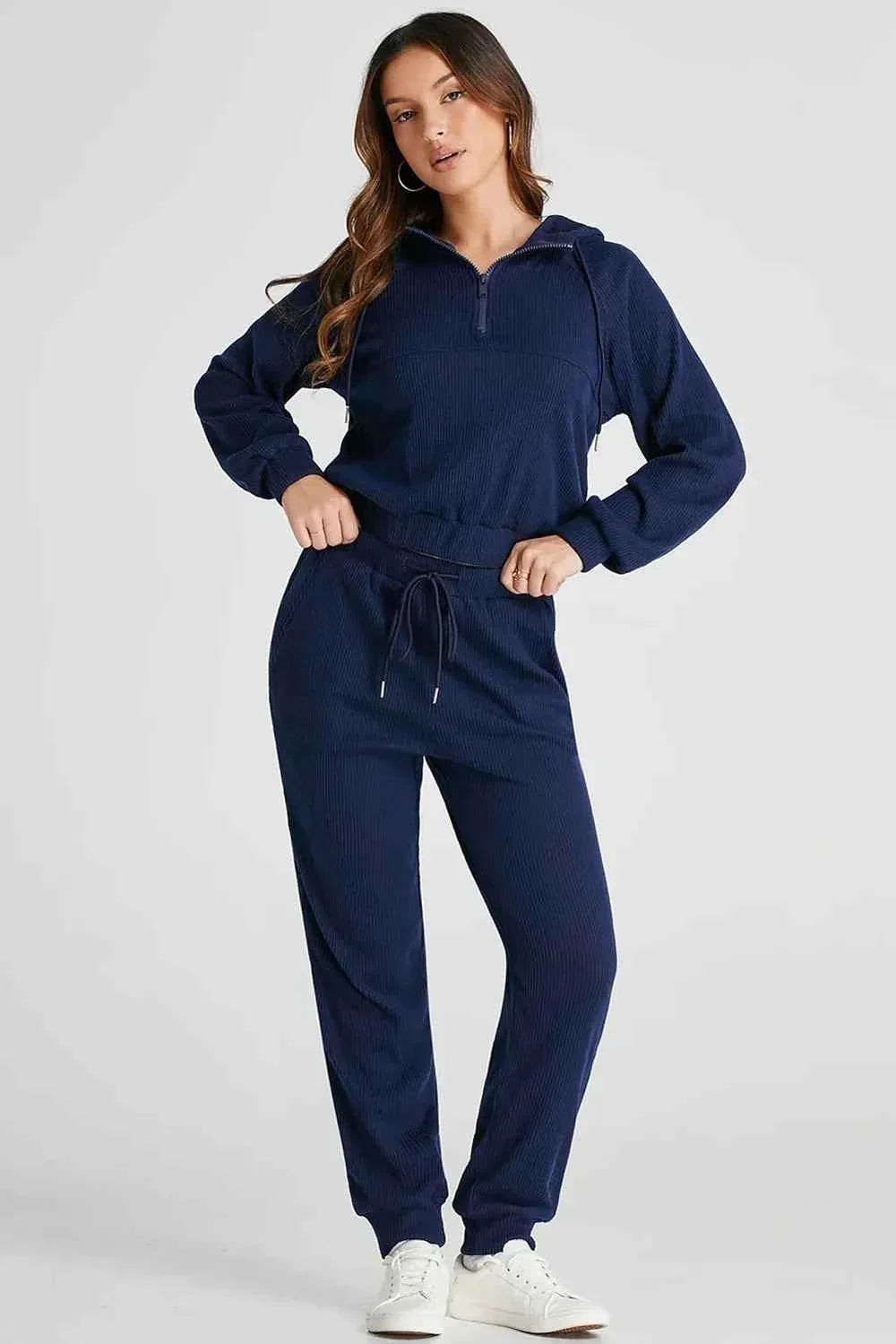 Ribbed Half Zip Cropped Hoodie and Drawstring Joggers Two Piece Set 4