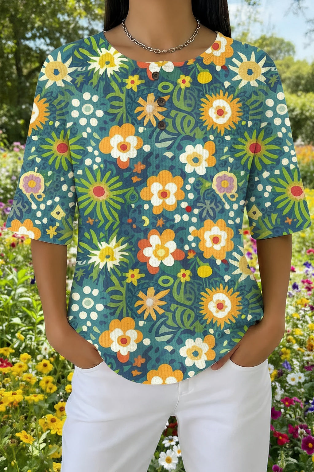 Womens Green Daisy Garden Print Casual Waffle Cotton Shirt