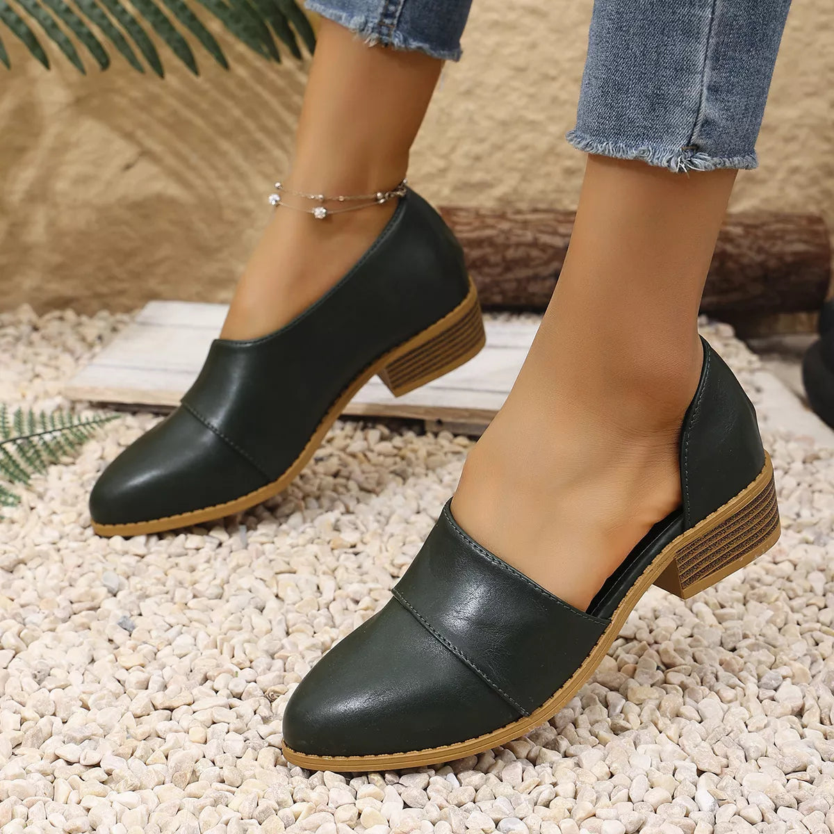 Women’s Pointed Toe Block Heel Loafers – Elegant Slip-On Dress Shoes for Work & Casual Outfits Green