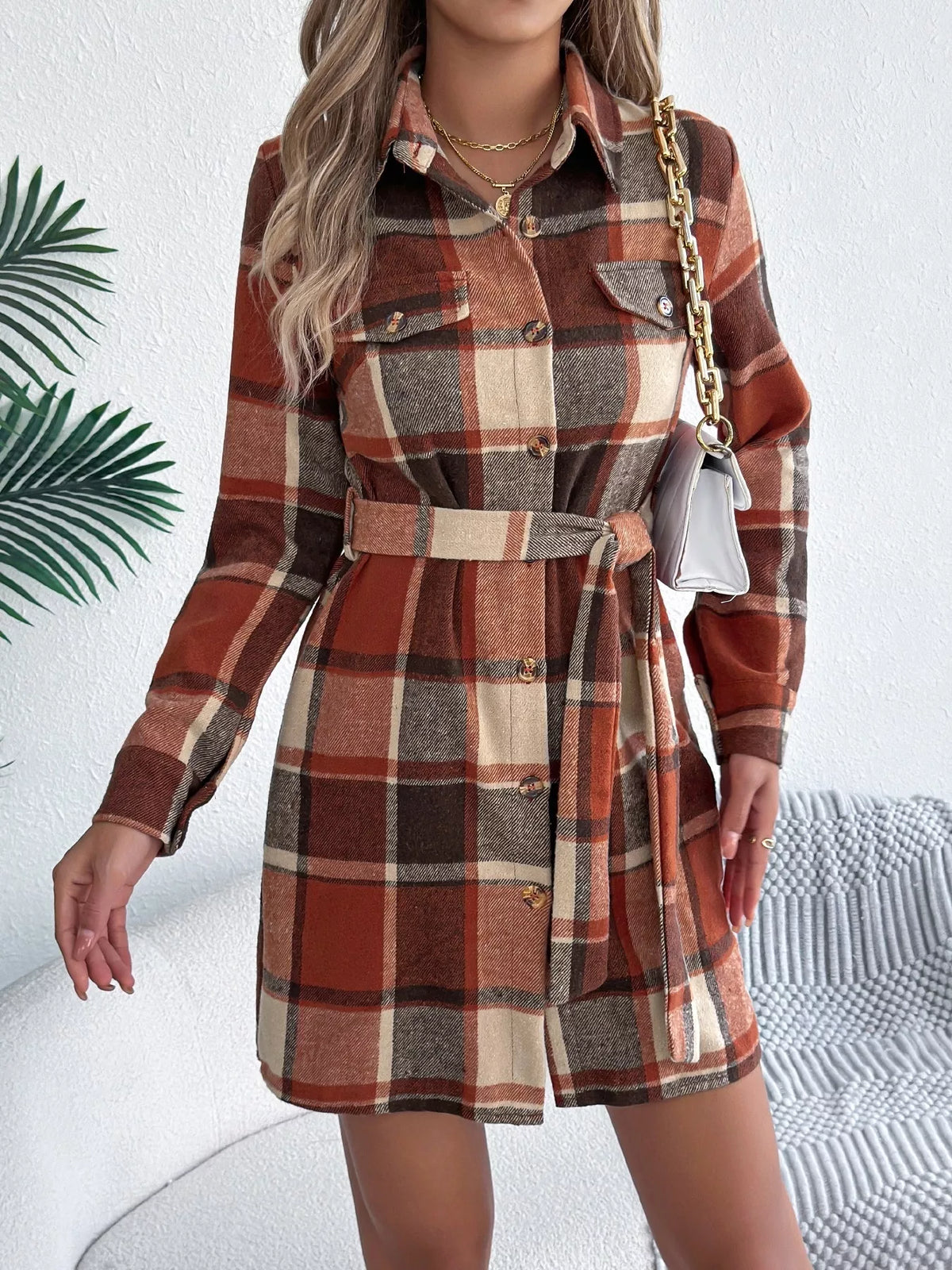 Plaid Button Front Tie Waist Shirt Dress