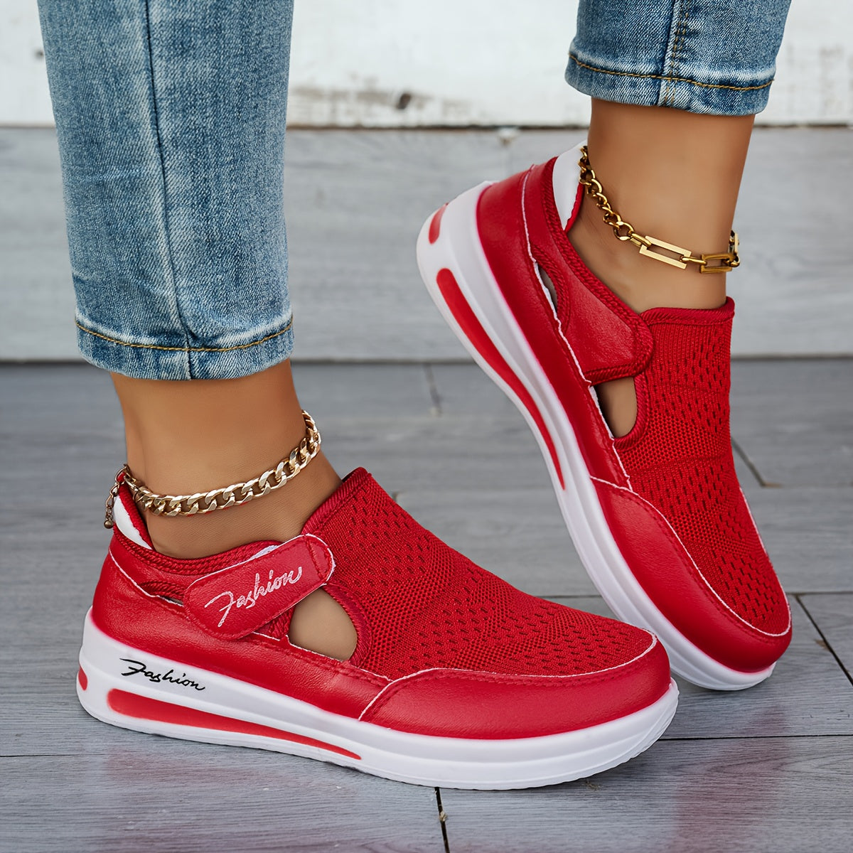 Mesh Cutout Hook and Loop Strap Air Cushion Sneakers