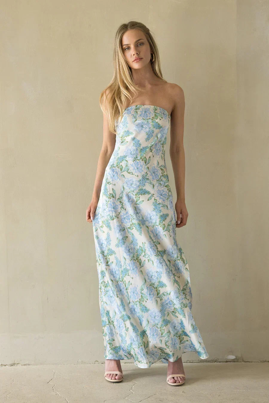 Floral Print Satin Strapless Column Maxi Dress