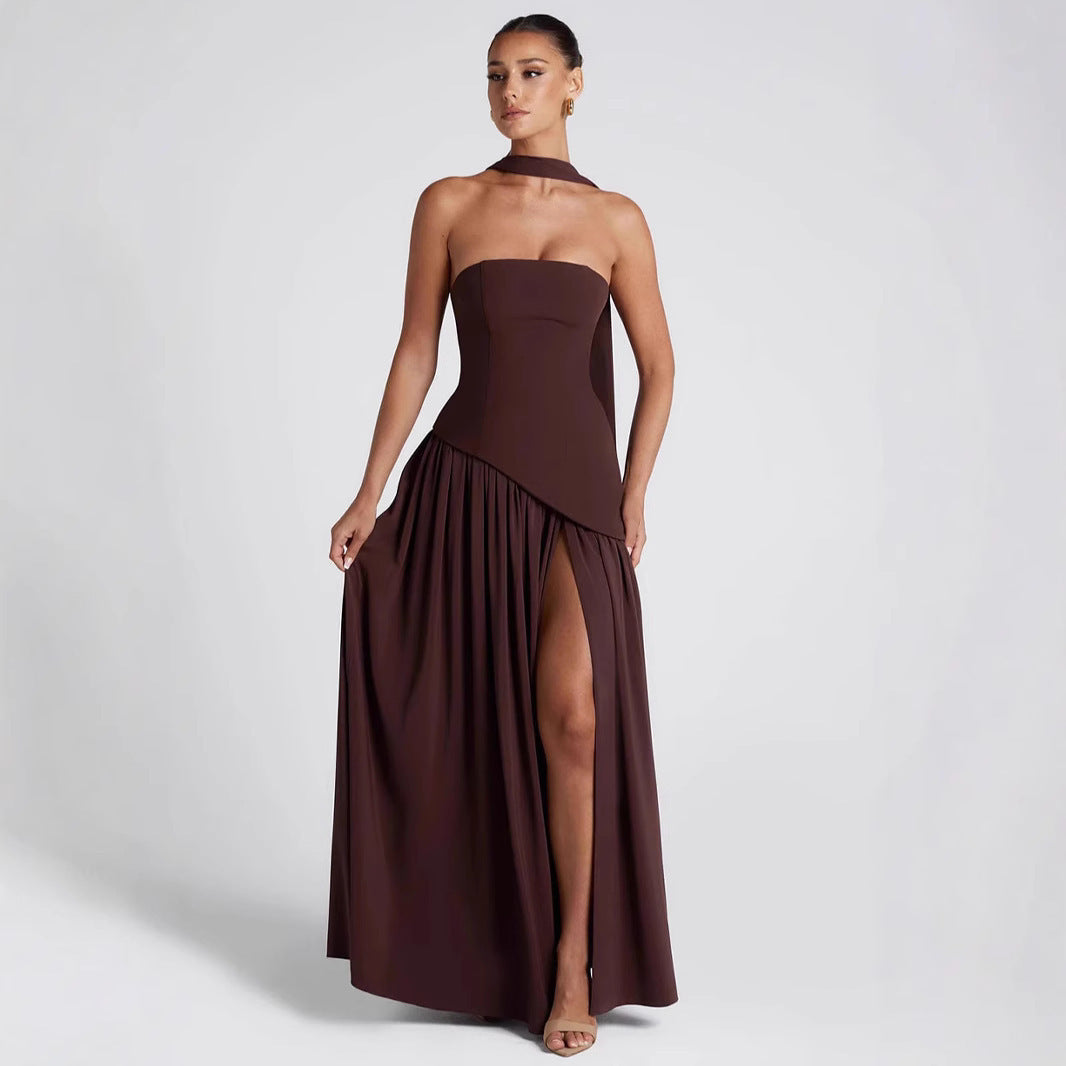 Strapless Asymmetric Drop Waist High Split Maxi Dress with Scarf 17