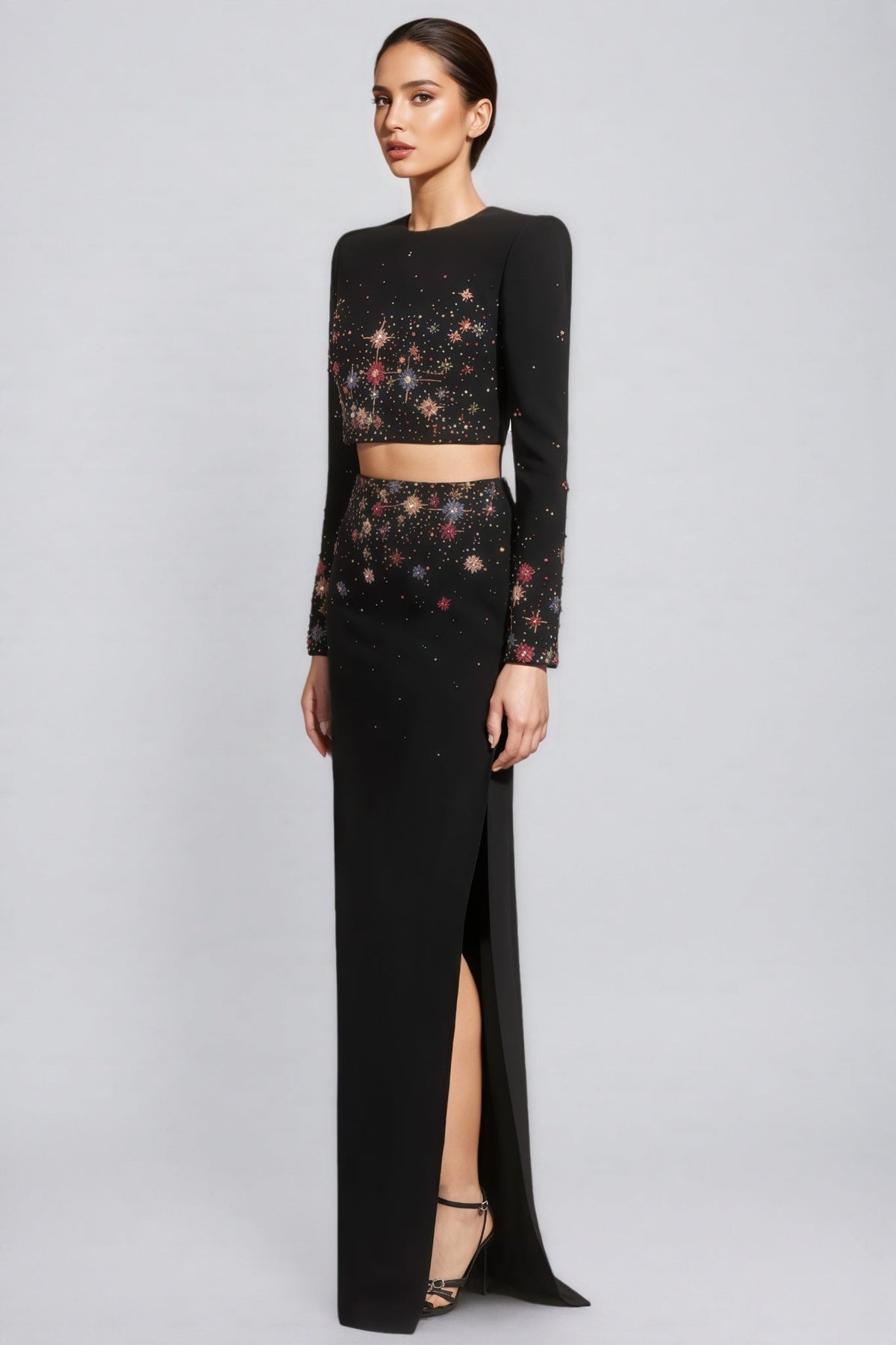 Beaded Long Sleeve Crop Top and Split Maxi Skirt Two Piece Set