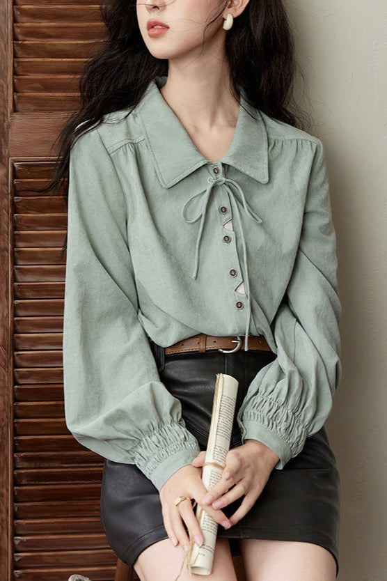 Collared Lace Up Front Long Sleeve Smocked Cuff Button Blouse 5