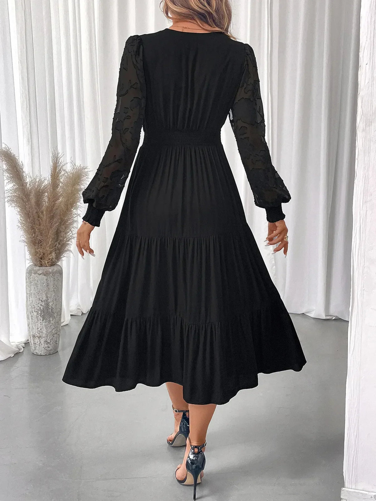 Lace Trim V-Neck Lantern Sleeve Smocked Waist Tiered Midi Dress 6