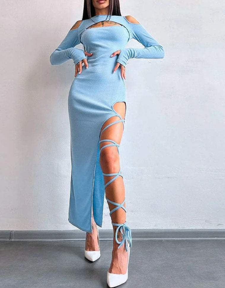 Hollow Lace Up Slit Sleeve Midi Dress
