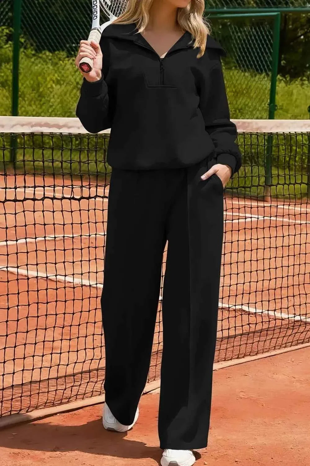 Solid Zip Sailor Collar Pullover Athleisure Sweatpants 2pcs Set