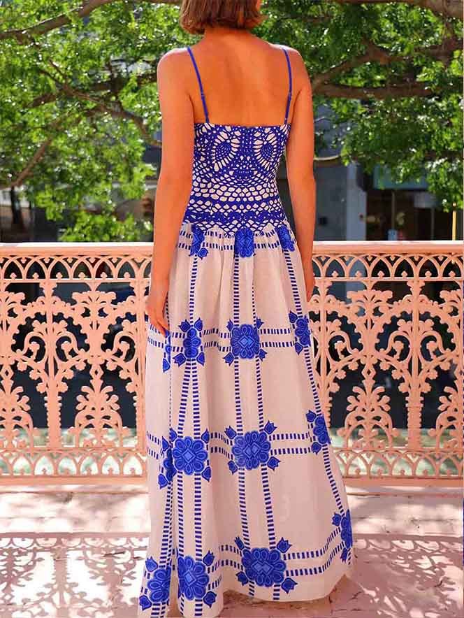 Floral Crochet Spaghetti Strap Square Neck A-Line Maxi Dress