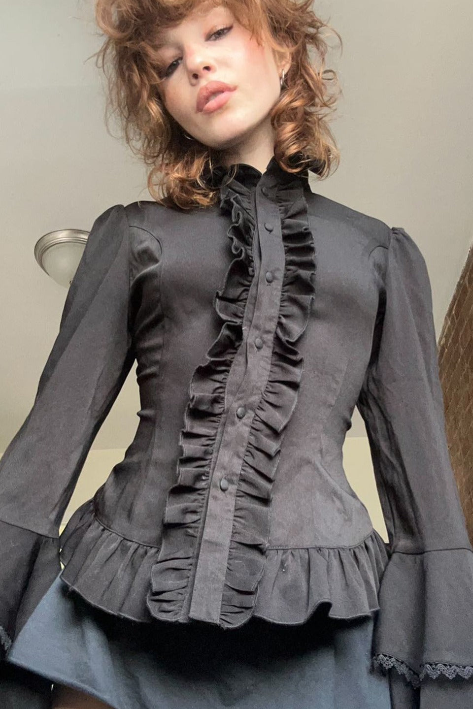 High Neck Ruffle Front Bell Sleeve Ribbon Tie Waist Peplum Blouse 2
