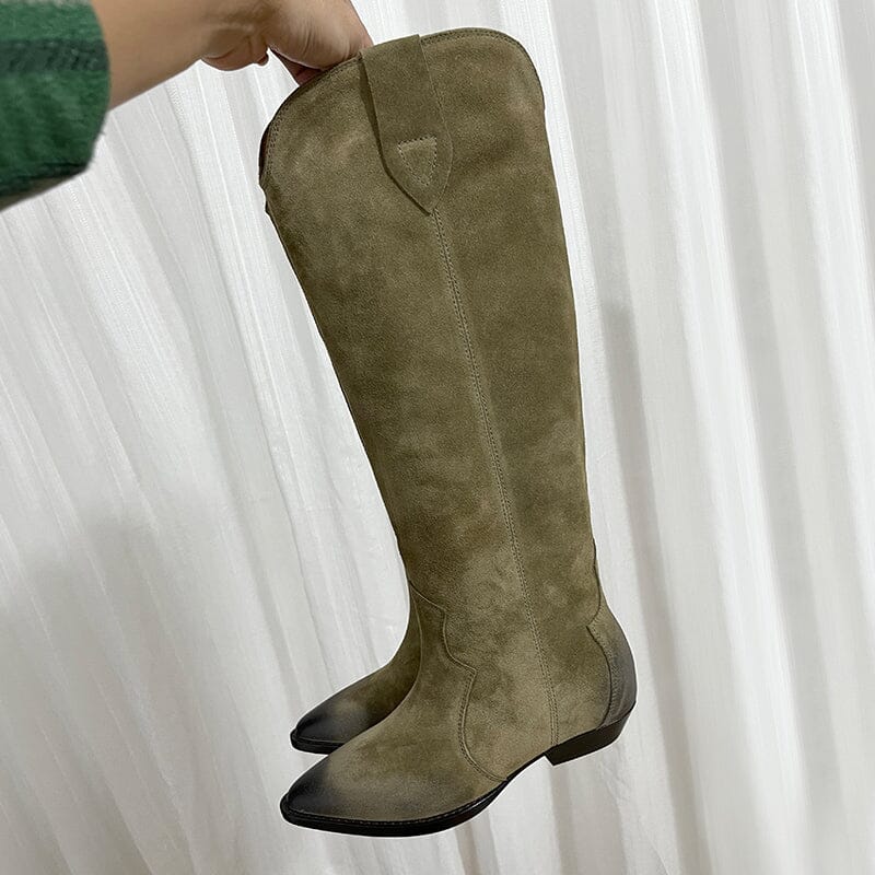 Womens Western Suede Knee High Boots Block Heel - Khaki/Black Cowgirl Boots All Genuine Leather