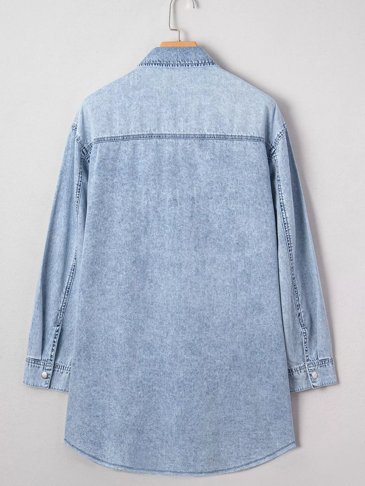 Denim-Look Snap Button Chest Pocket Raw Hem Oversized Shirt Dress 5