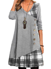 Plaid Patchwork V-Neck Long Sleeve Button Front Tunic Dress 5