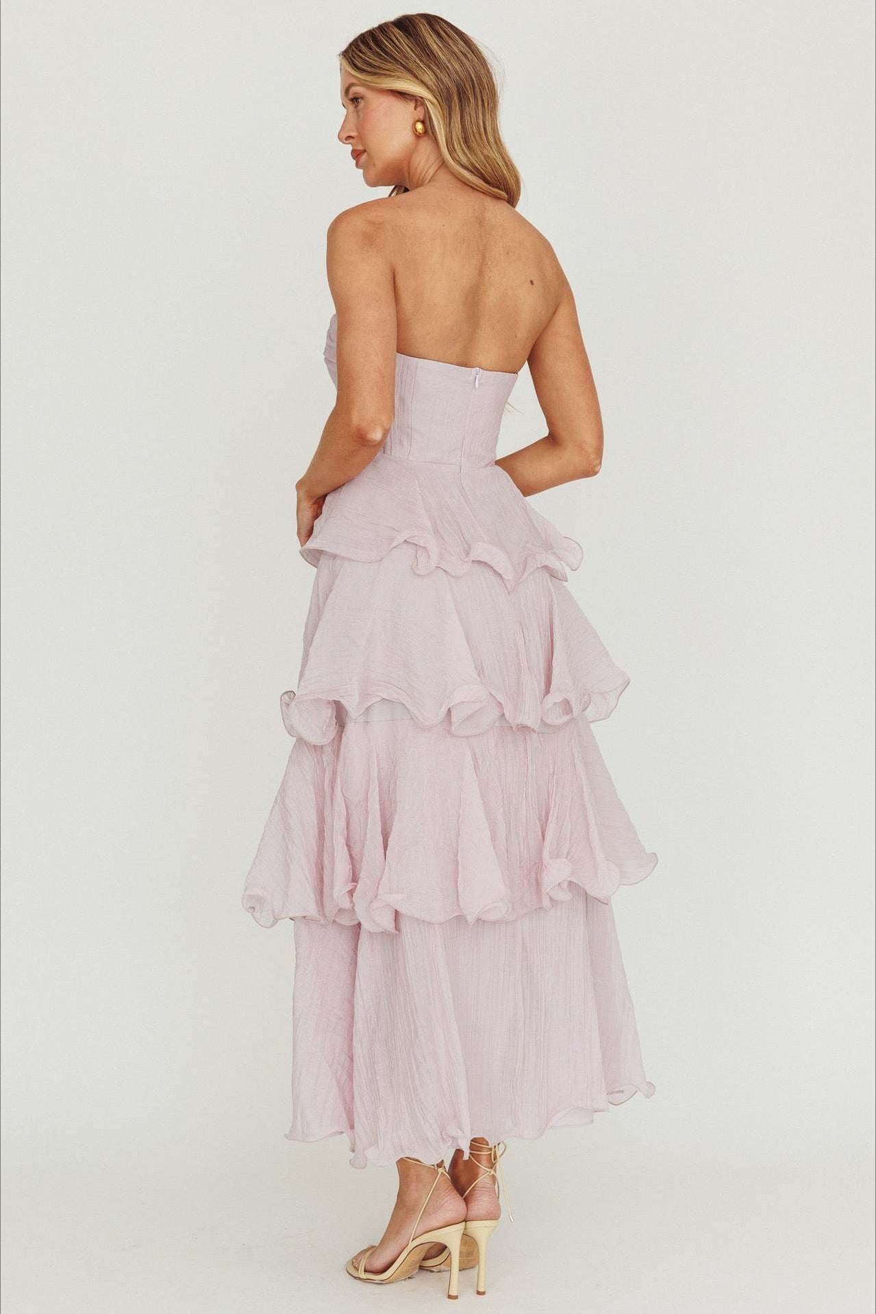 Strapless Tiered Ruffle Fit and Flare Midi Dress