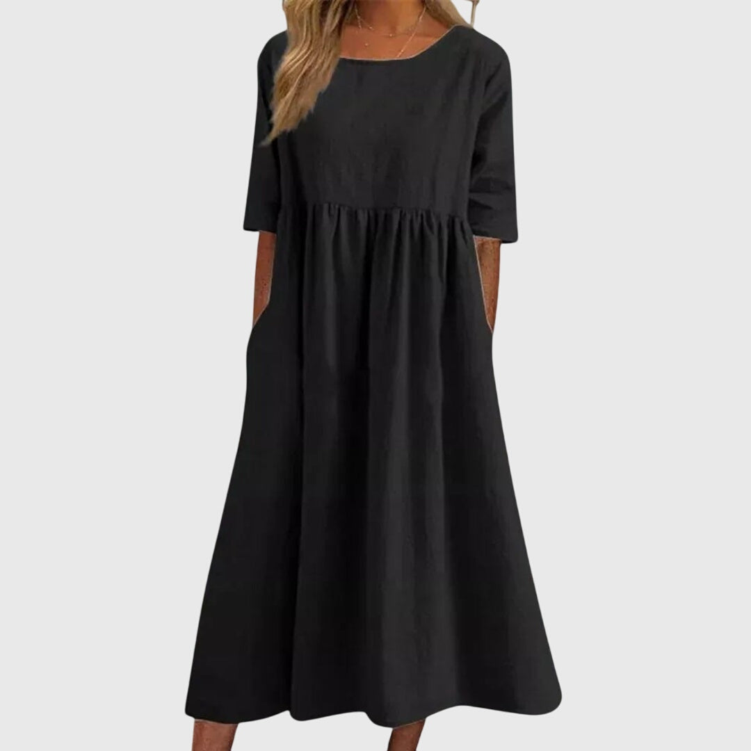 Round Neck Short Sleeve Tiered Midi Dress